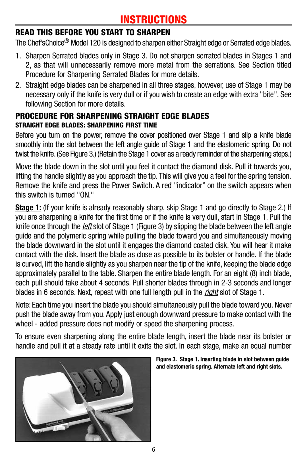 Edge Craft 120 manual Instructions, Read this Before YOU Start to Sharpen, Procedure for Sharpening Straight Edge Blades 