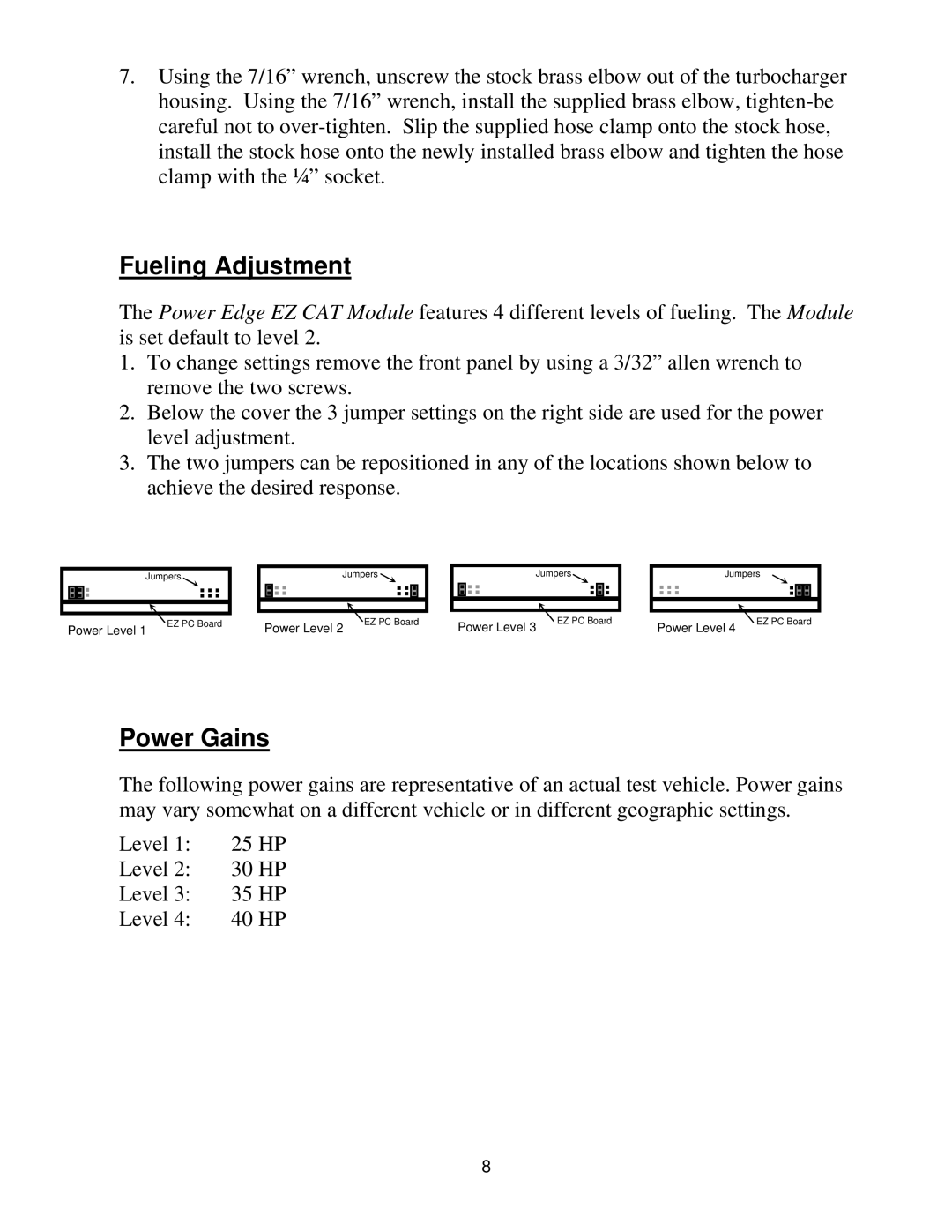 EDGE Tech B & E, 3126, ECAT1000, 50200 installation instructions Fueling Adjustment, Power Gains 