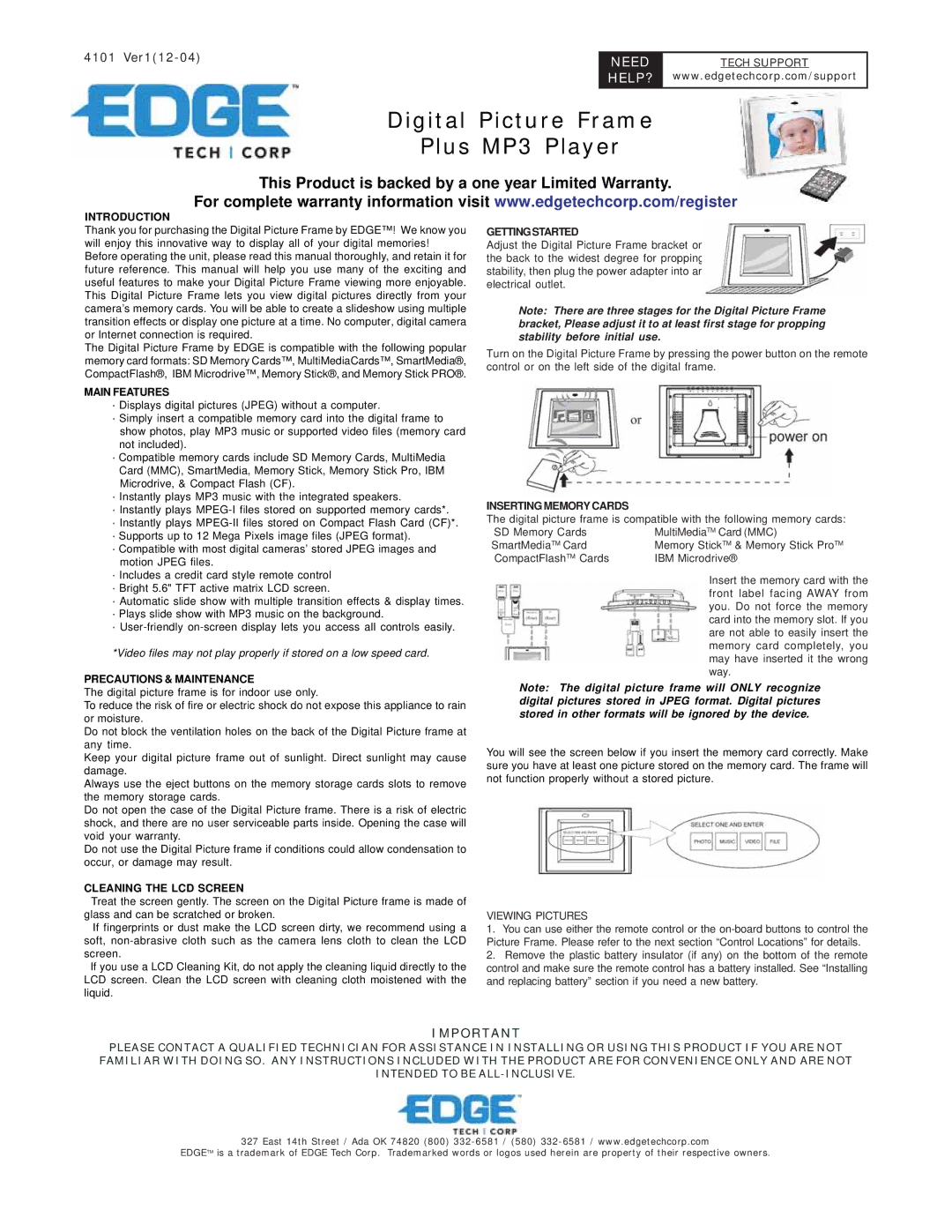 EDGE Tech Digital Picture Frame warranty Gettingstarted, Inserting Memory Cards, Viewing Pictures 