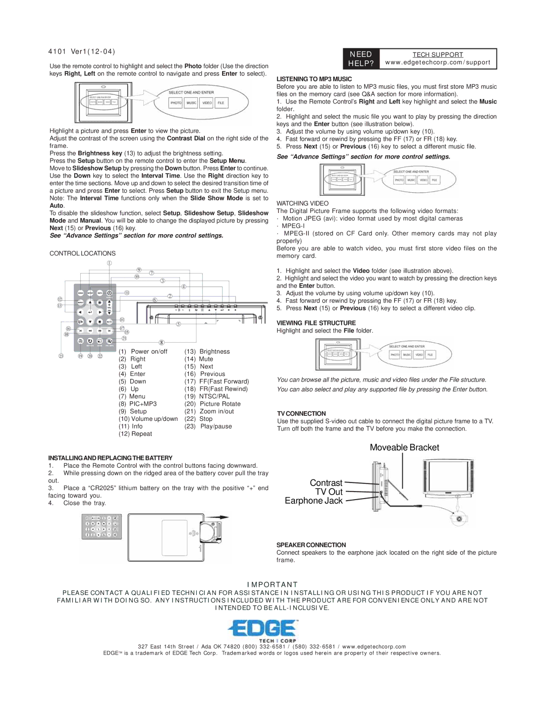 EDGE Tech Digital Picture Frame warranty Listening to MP3 Music, Viewing File Structure, TV Connection, Speaker Connection 