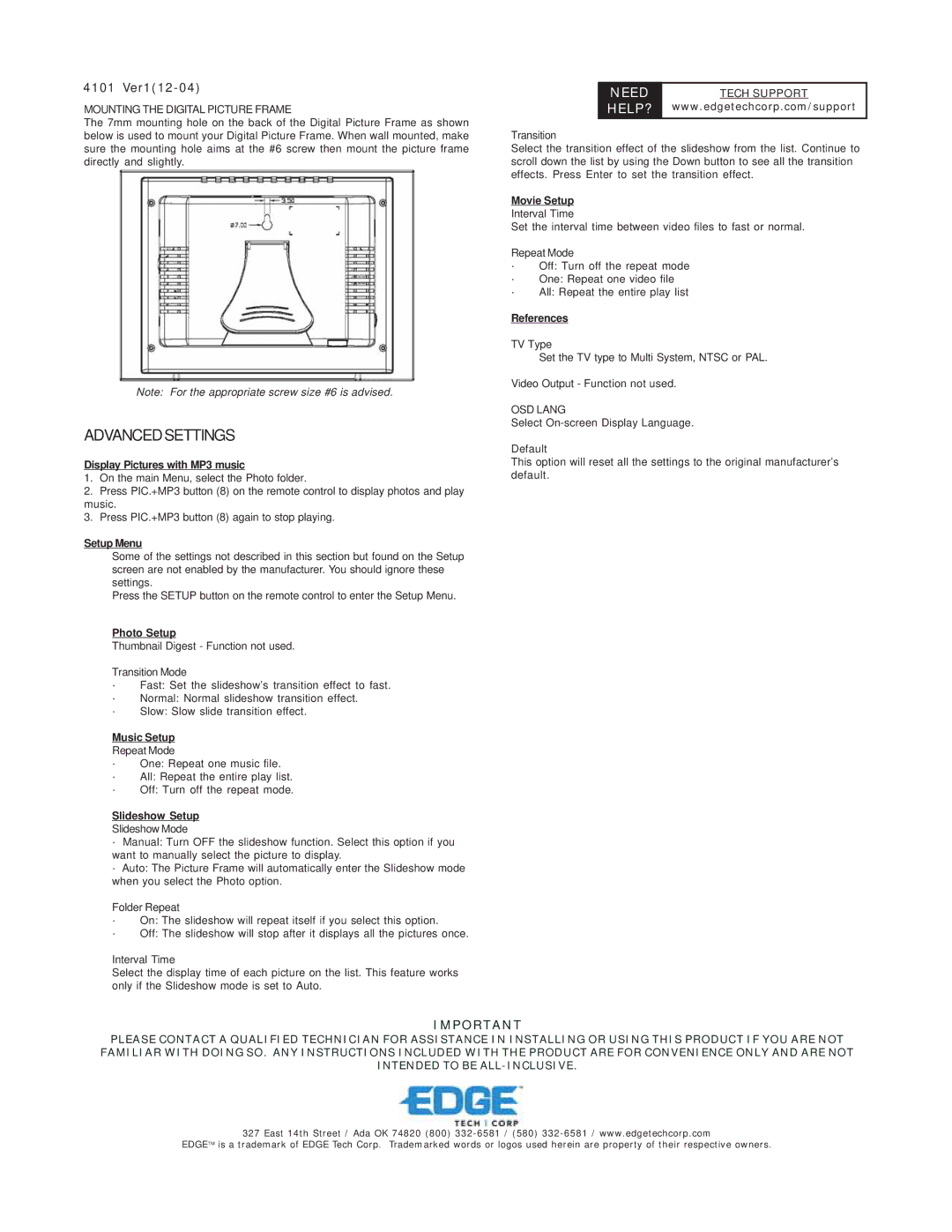 EDGE Tech Digital Picture Frame Display Pictures with MP3 music, Setup Menu, Photo Setup, Music Setup, Slideshow Setup 