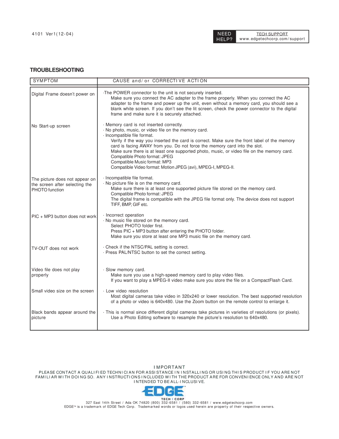 EDGE Tech Digital Picture Frame warranty Troubleshooting 