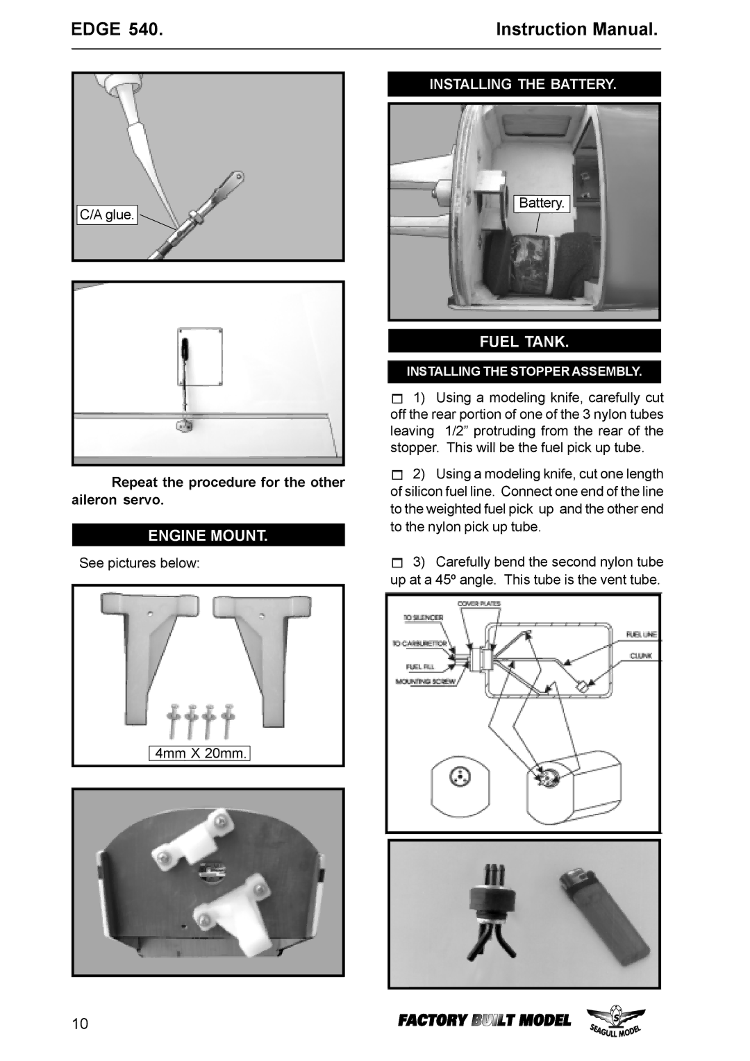 EDGE Tech Edge 540 specifications Engine Mount, Fuel Tank, Installing the Battery 