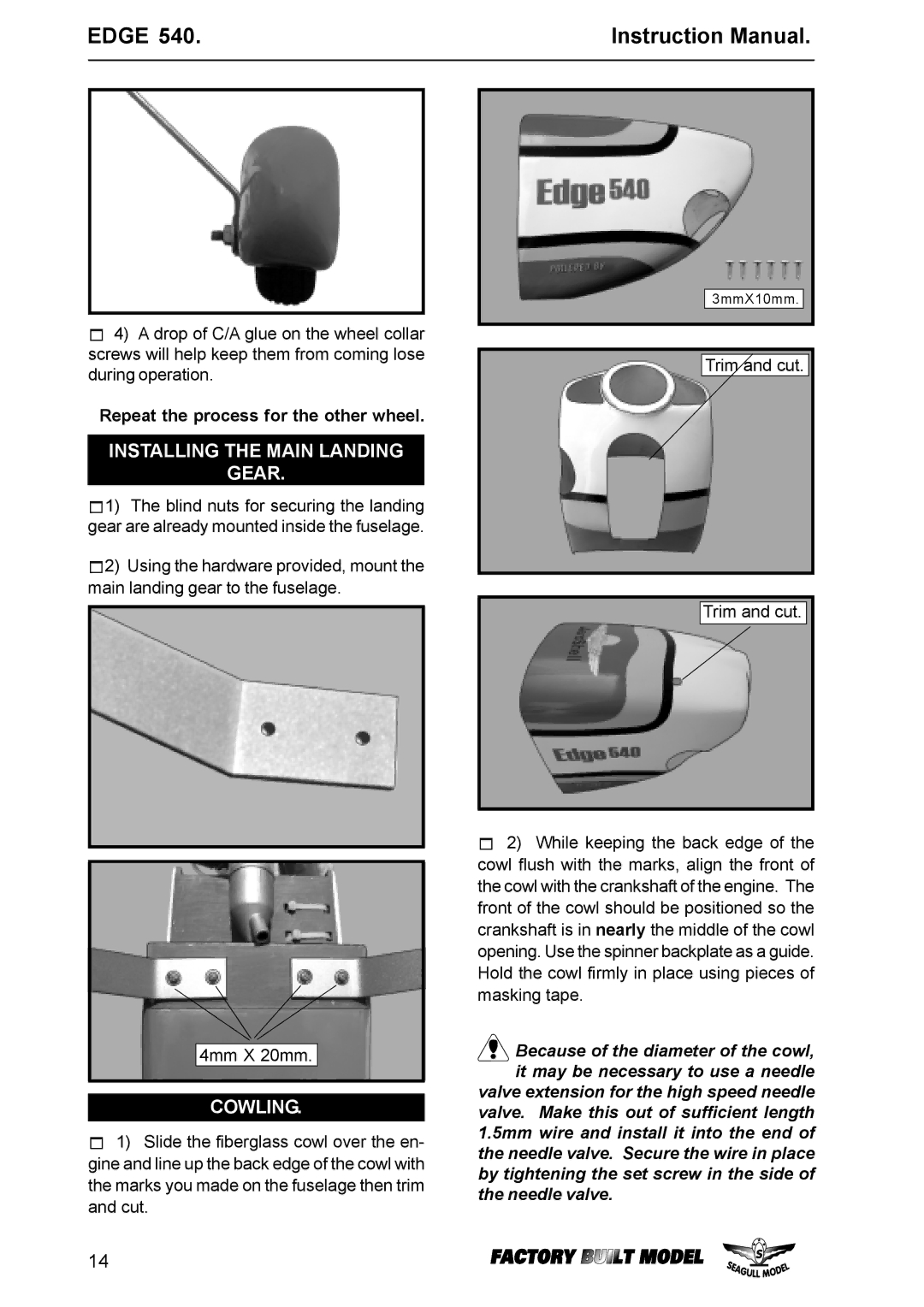 EDGE Tech Edge 540 specifications Installing the Main Landing Gear, Cowling 