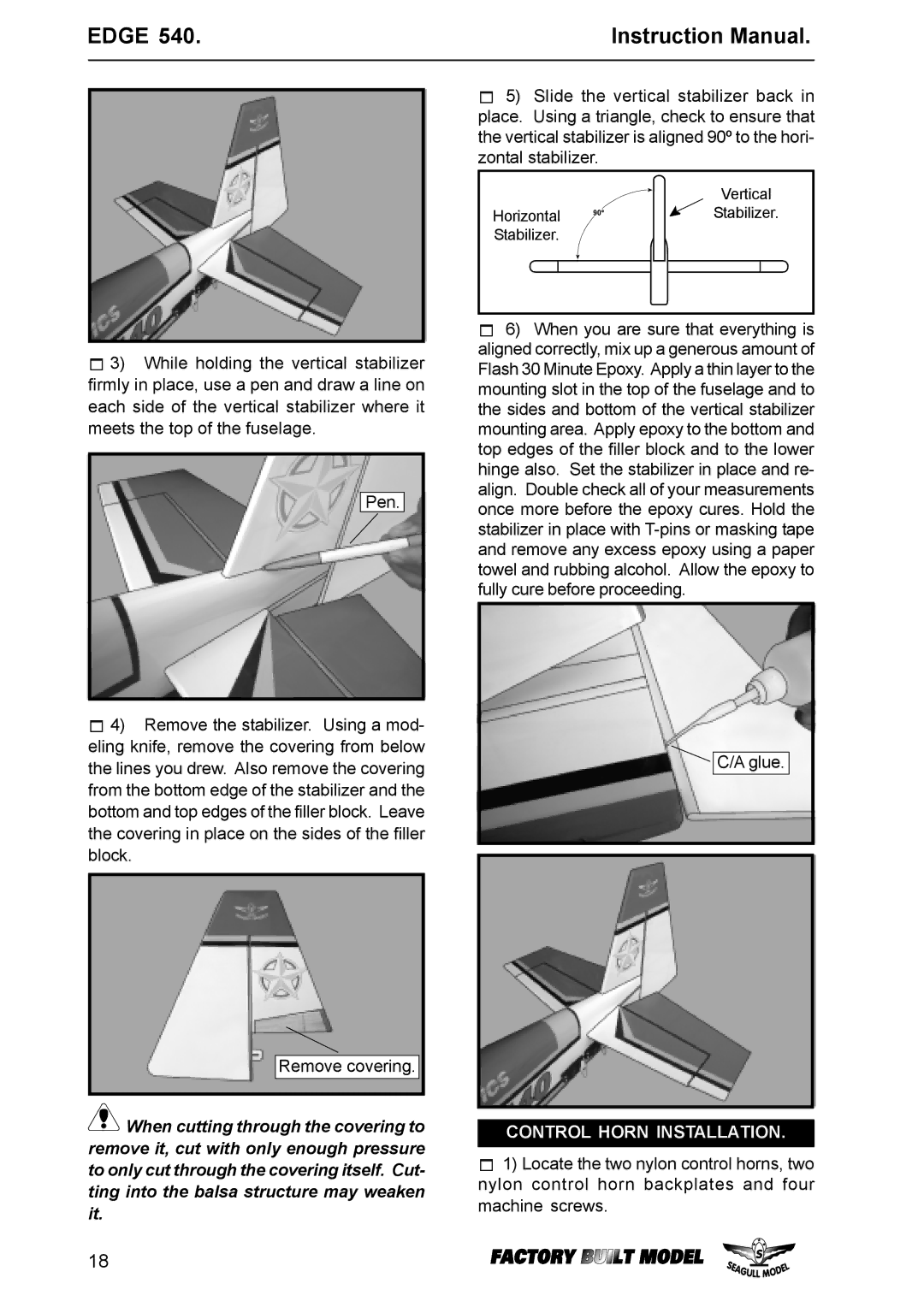 EDGE Tech Edge 540 specifications Control Horn Installation 