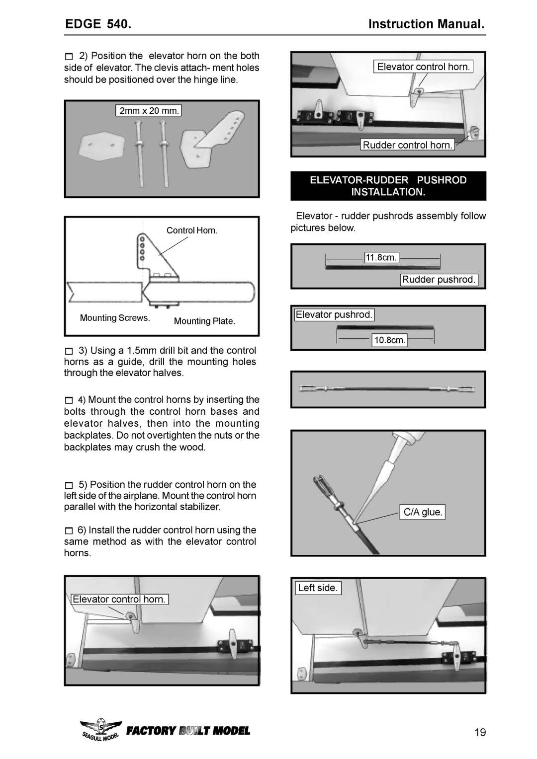 EDGE Tech Edge 540 specifications ELEVATOR-RUDDER Pushrod Installation 