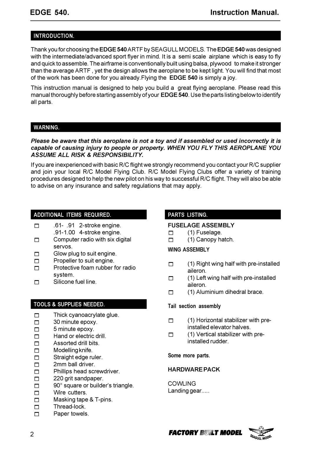 EDGE Tech Edge 540 specifications Introduction, Additional Items Required, Tools & Supplies Needed, Parts Listing 