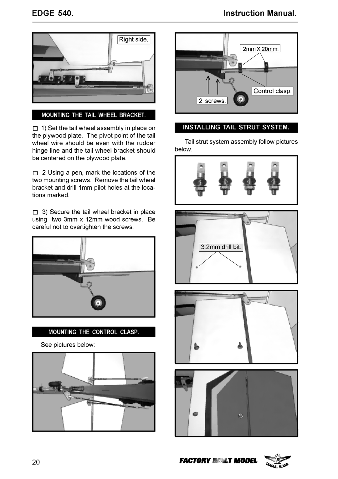 EDGE Tech Edge 540 specifications Mounting the Tail Wheel Bracket, Mounting the Control Clasp, Installing Tail Strut System 