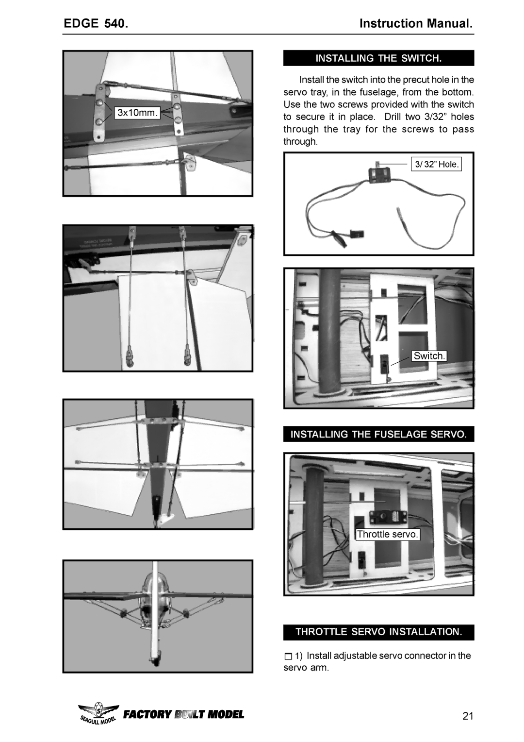 EDGE Tech Edge 540 specifications Installing the Switch, Installing the Fuselage Servo, Throttle Servo Installation 