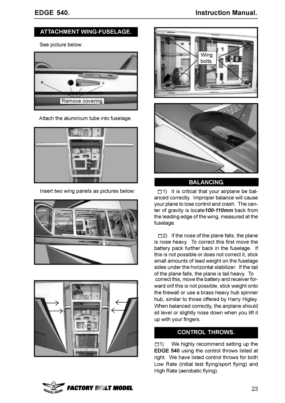 EDGE Tech Edge 540 specifications Attachment WING-FUSELAGE, Balancing, Control Throws 