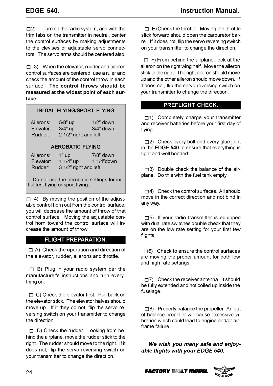 EDGE Tech Edge 540 specifications Flight Preparation, Preflight Check 