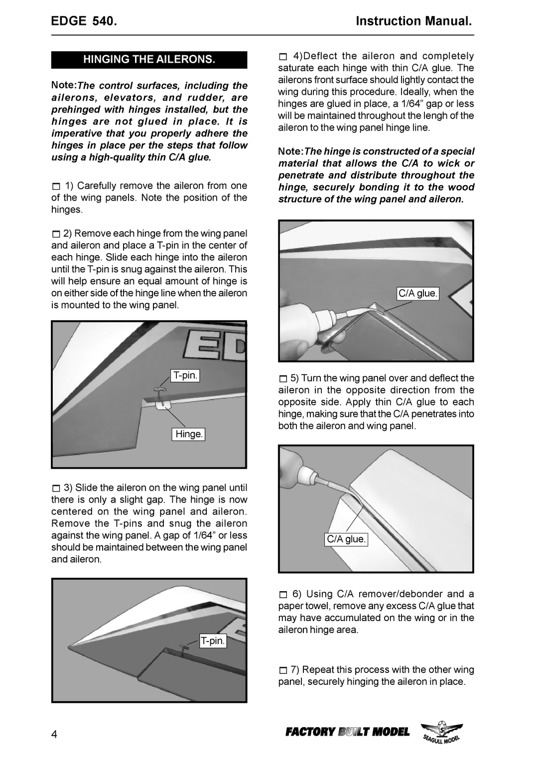 EDGE Tech Edge 540 specifications Hinging the Ailerons 