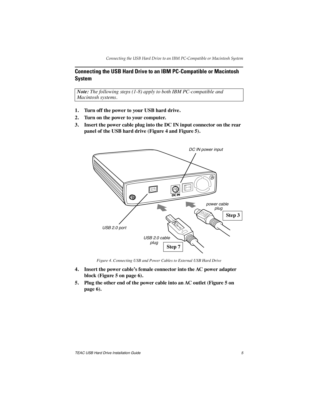 EDGE Tech HD3U-40, HD3U-500 manual Step, Connecting USB and Power Cables to External USB Hard Drive 