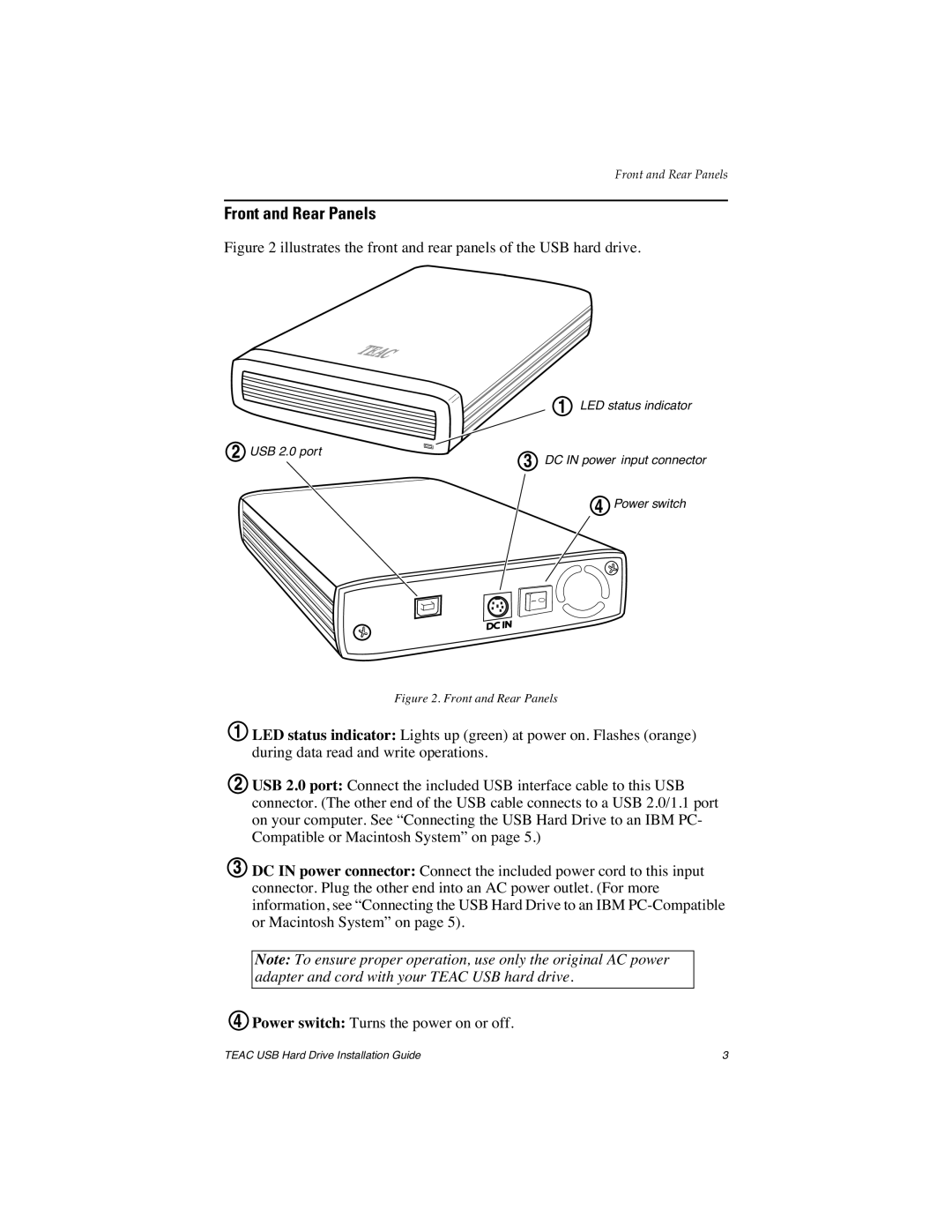 EDGE Tech HD3U-40, HD3U-500 manual Front and Rear Panels, Illustrates the front and rear panels of the USB hard drive 