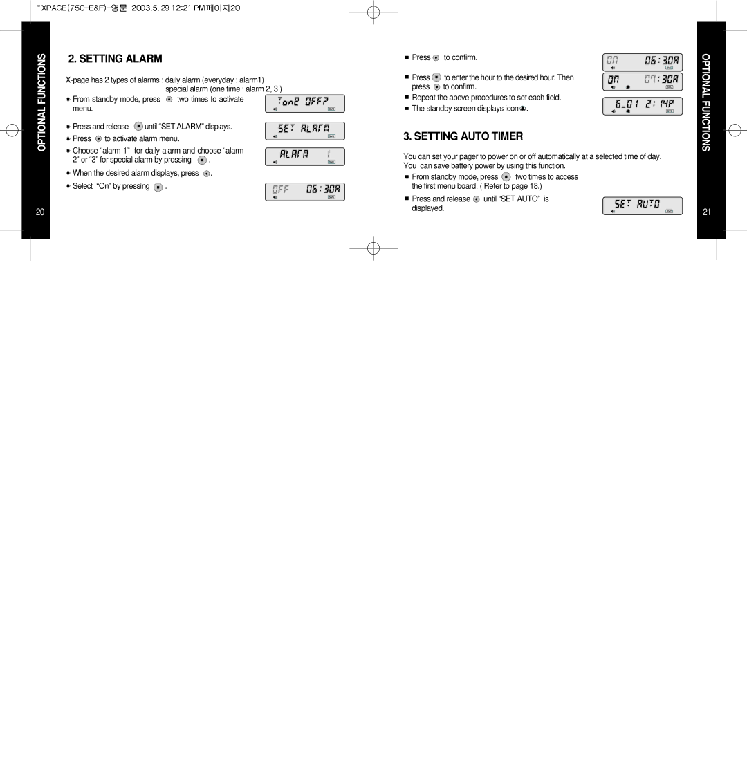 EDGE Tech X-PAGE user manual Setting Alarm, Setting Auto Timer 