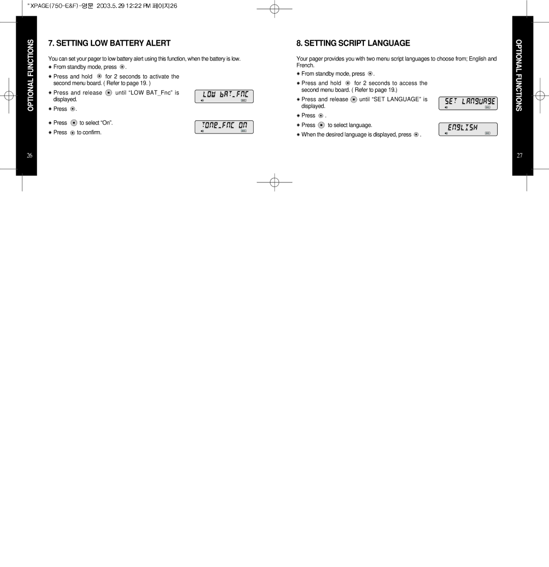 EDGE Tech X-PAGE user manual Setting LOW Battery Alert, Setting Script Language 