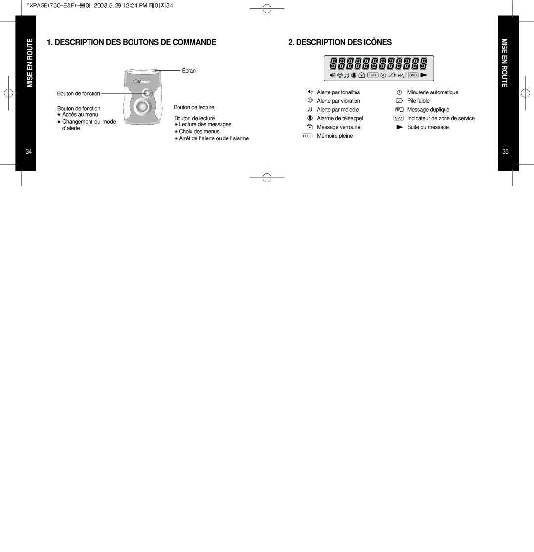 EDGE Tech X-PAGE user manual Description DES Boutons DE Commande Description DES Icônes, Mise EN 