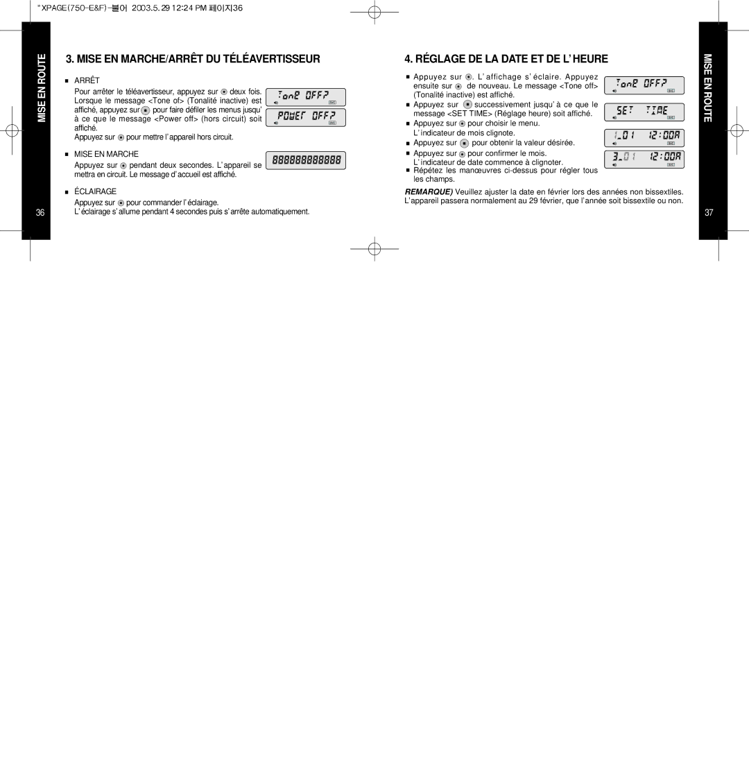 EDGE Tech X-PAGE Mise EN MARCHE/ARRÊT DU Téléavertisseur, Réglage DE LA Date ET DE L’ Heure, Arrêt, Mise EN Marche 