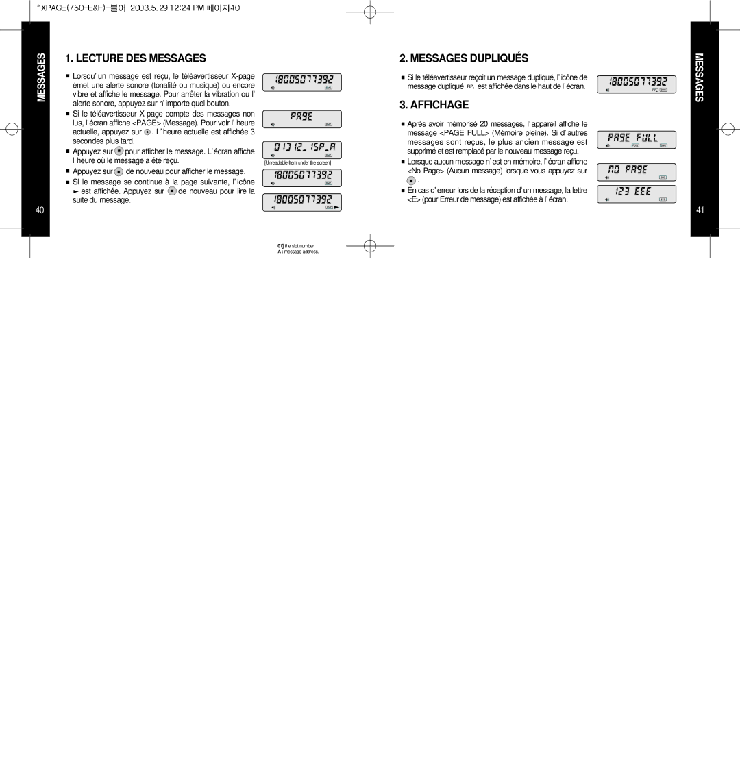 EDGE Tech X-PAGE user manual Lecture DES Messages, Messages Dupliqués, Affichage 