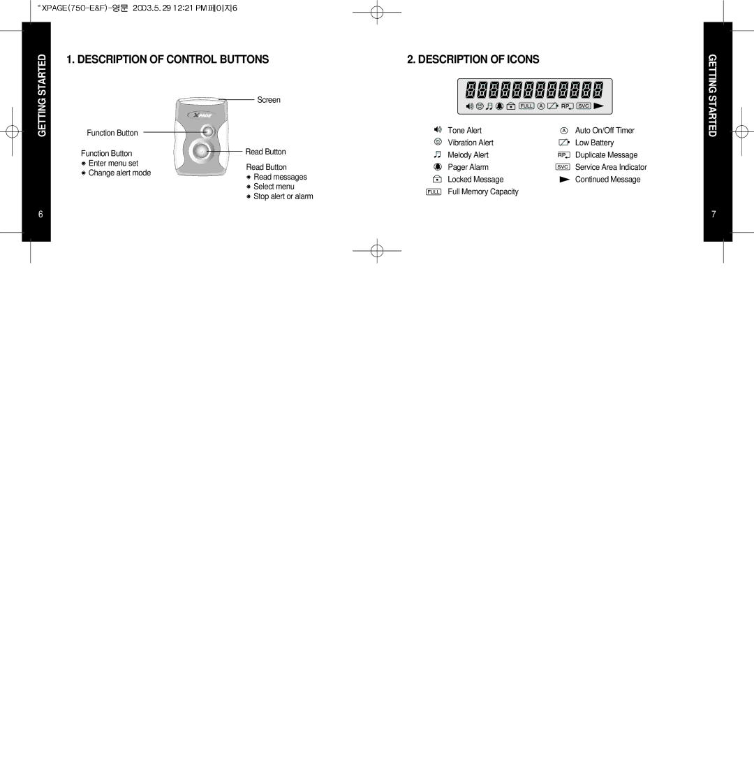 EDGE Tech X-PAGE user manual Description of Control Buttons, Description of Icons 