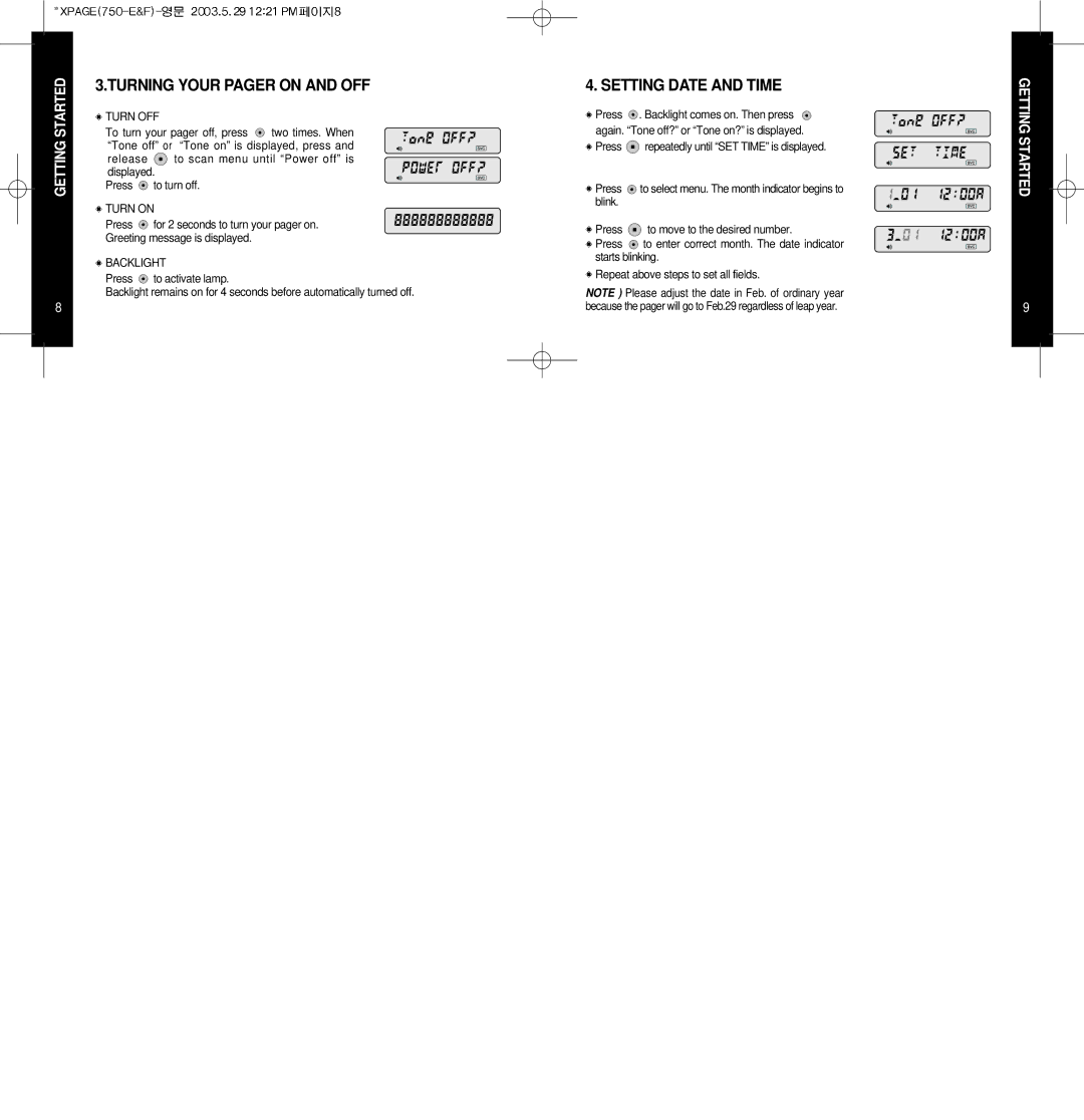 EDGE Tech X-PAGE user manual Turning Your Pager on and OFF, Setting Date and Time, Turn OFF, Turn on, Backlight 