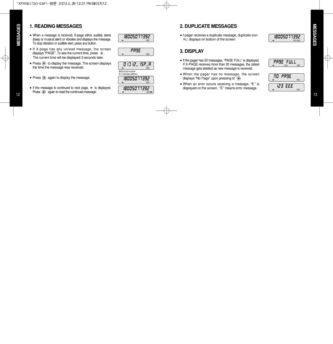 EDGE Tech X-PAGE user manual Reading Messages, Duplicate Messages, Display 