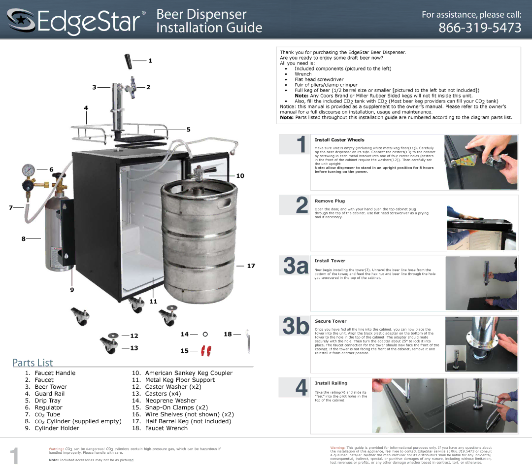 EdgeStar 866-319-5473 owner manual Remove Plug, 3a Install Tower, 3b Secure Tower, Install Railing 