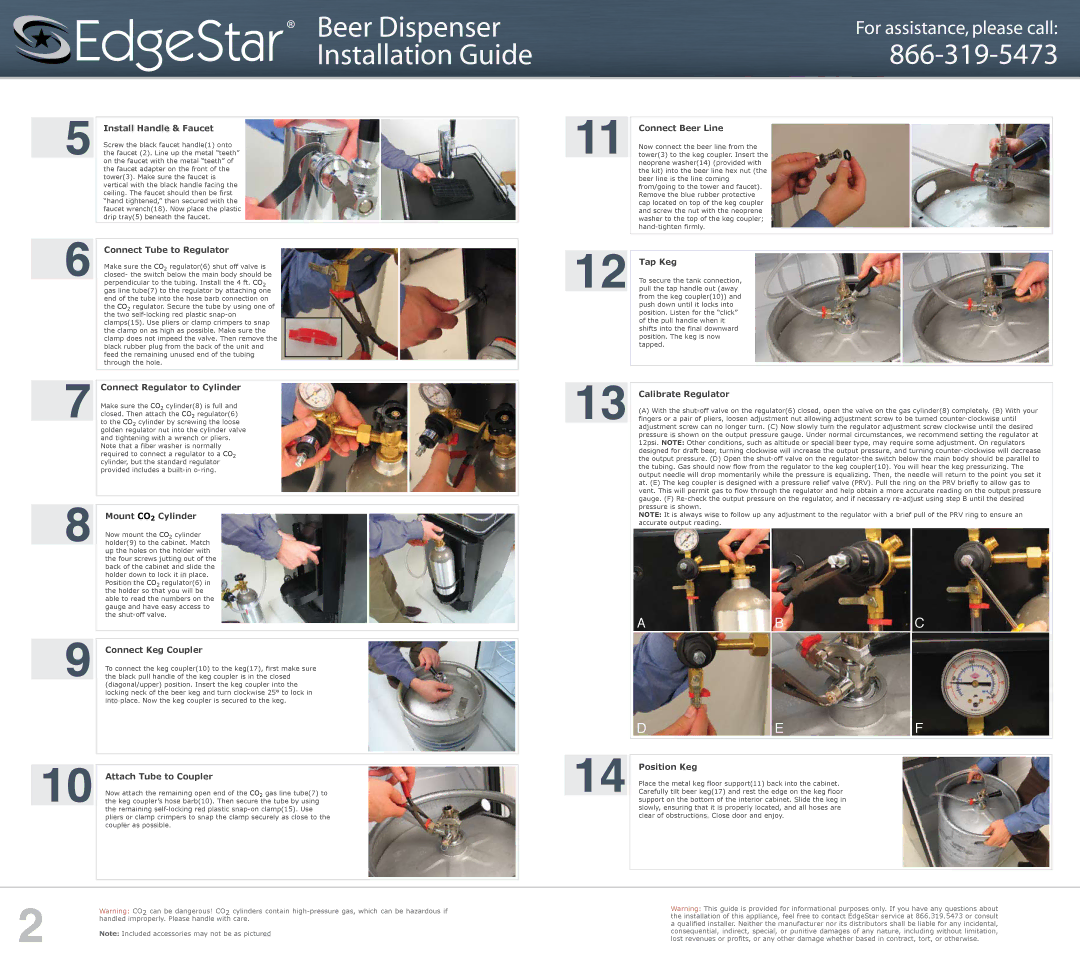 EdgeStar 866-319-5473 Connect Tube to Regulator, Connect Keg Coupler, Attach Tube to Coupler, Connect Beer Line, Tap Keg 