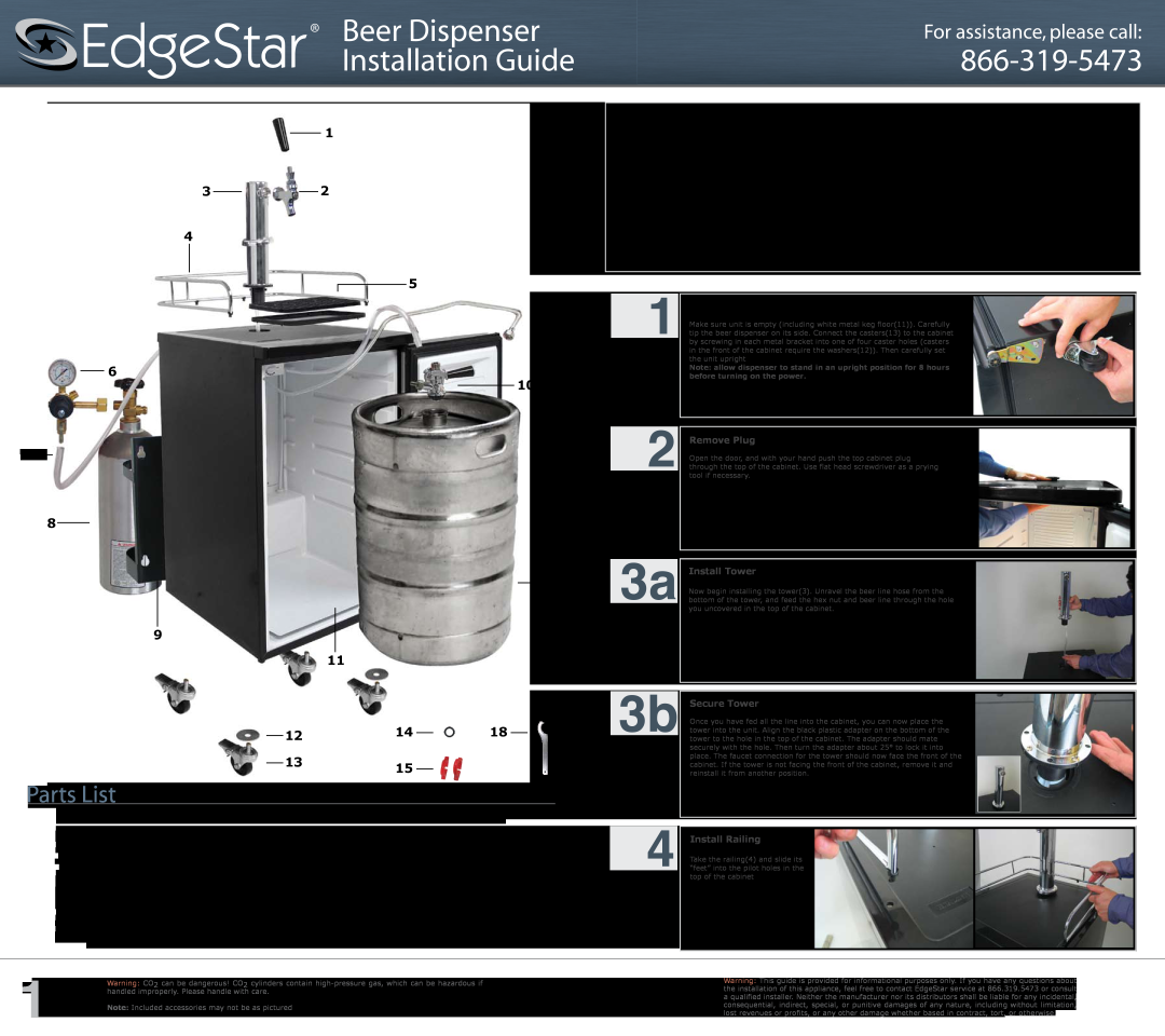 EdgeStar 866-319-5473 owner manual Beer Dispenser Installation Guide, For assistance, please call, Parts List 