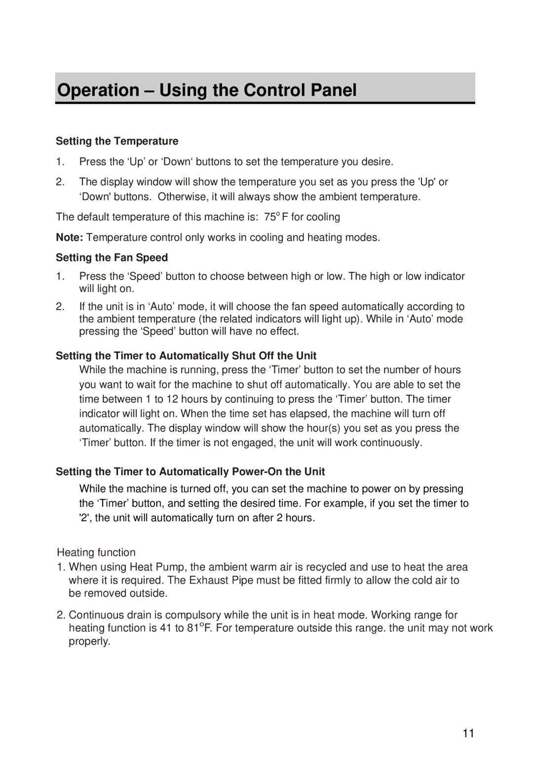 EdgeStar AP10000HW owner manual Setting the Temperature, Heating function 