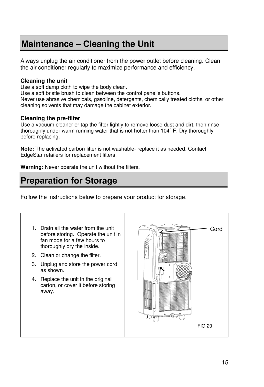 EdgeStar AP10000HW owner manual Maintenance Cleaning the Unit, Preparation for Storage 