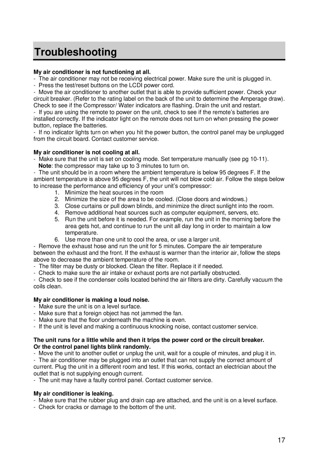 EdgeStar AP10000HW owner manual Troubleshooting, My air conditioner is not functioning at all 