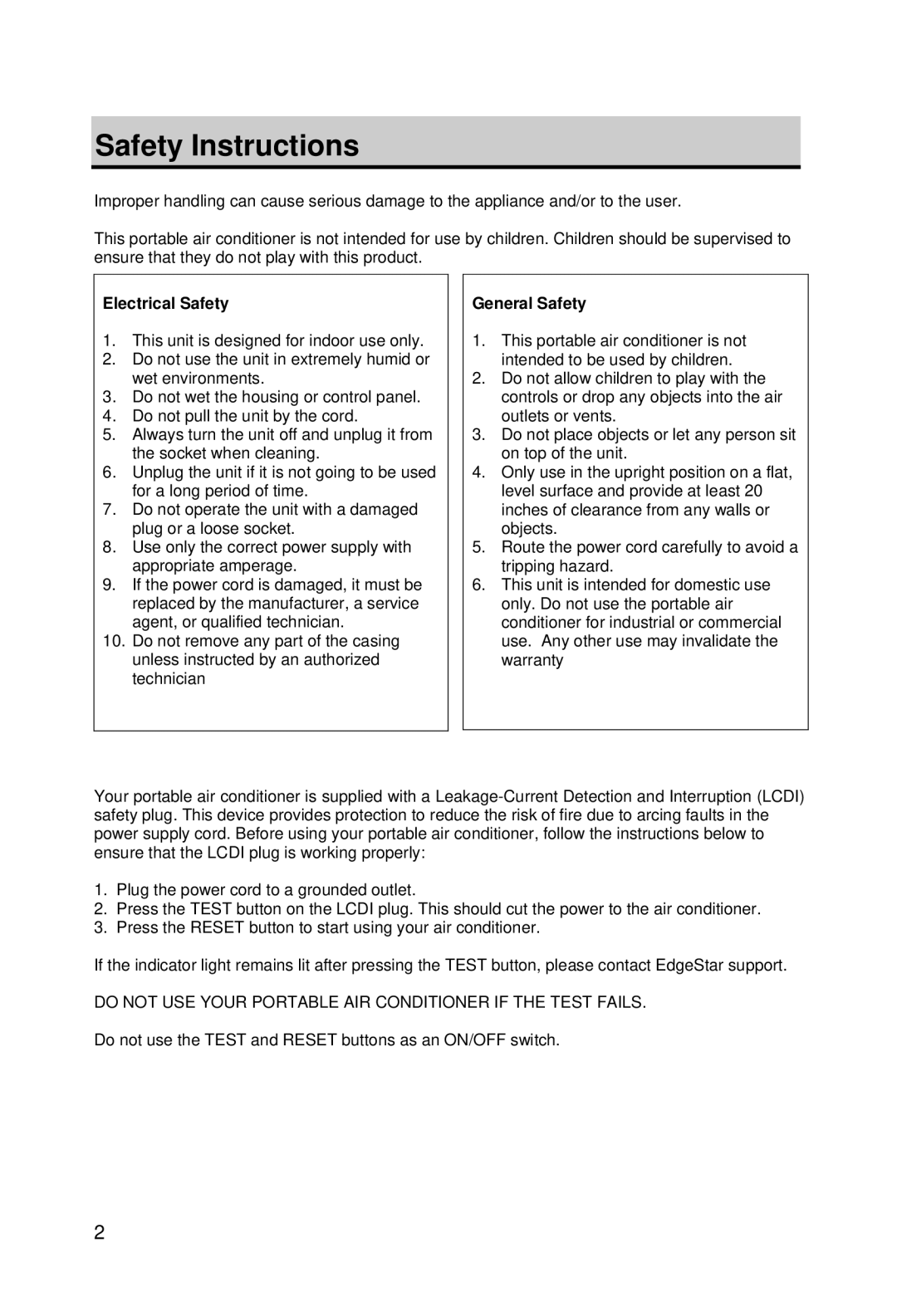 EdgeStar AP10000HW owner manual Safety Instructions, Electrical Safety 