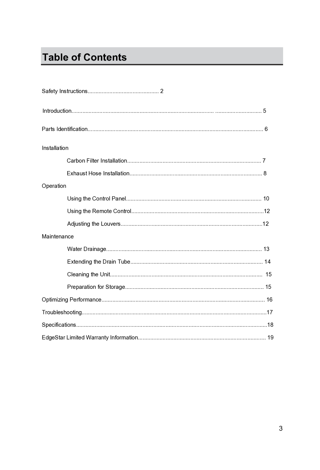 EdgeStar AP10000HW owner manual Table of Contents 