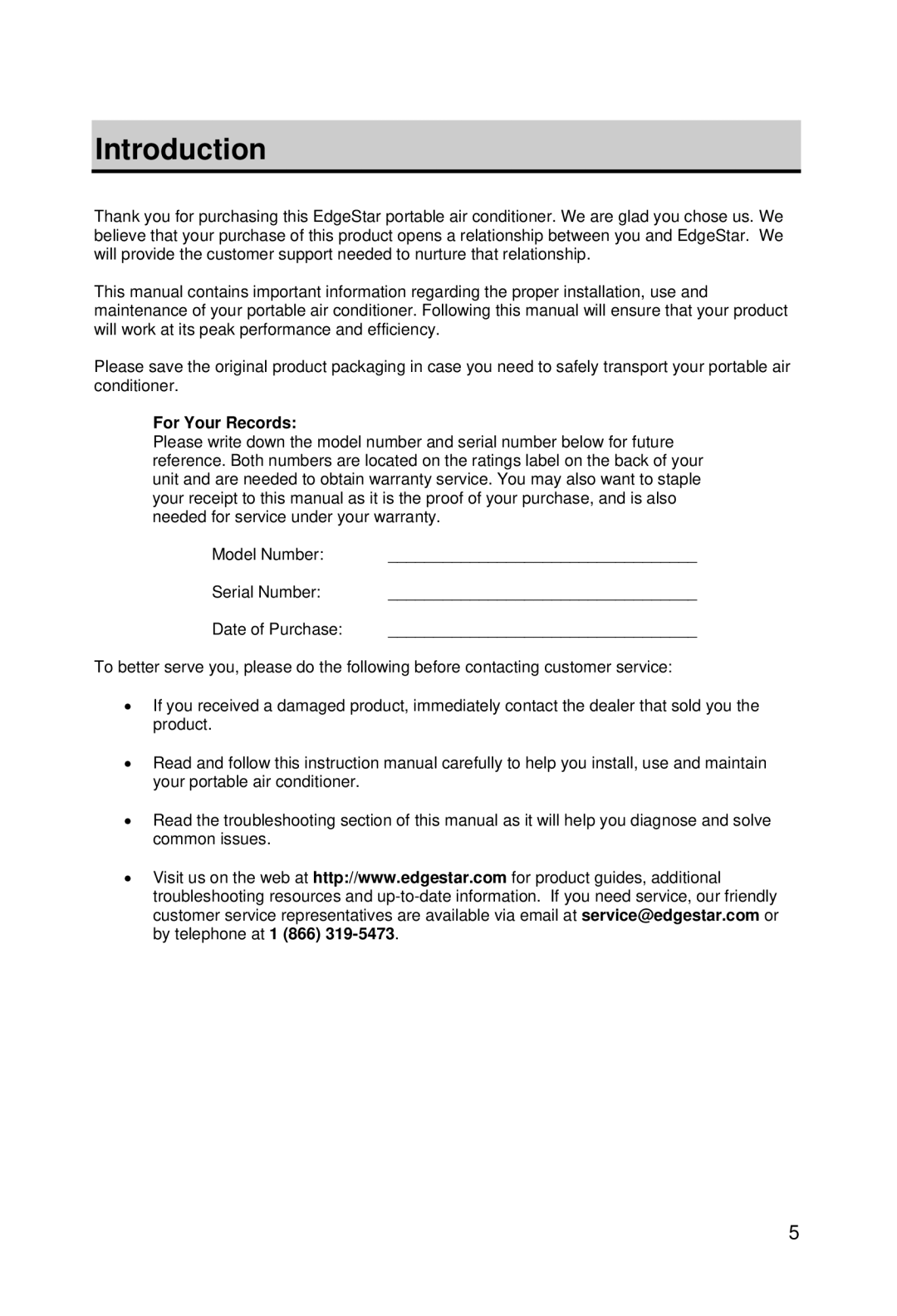 EdgeStar AP10000HW owner manual Introduction, For Your Records 
