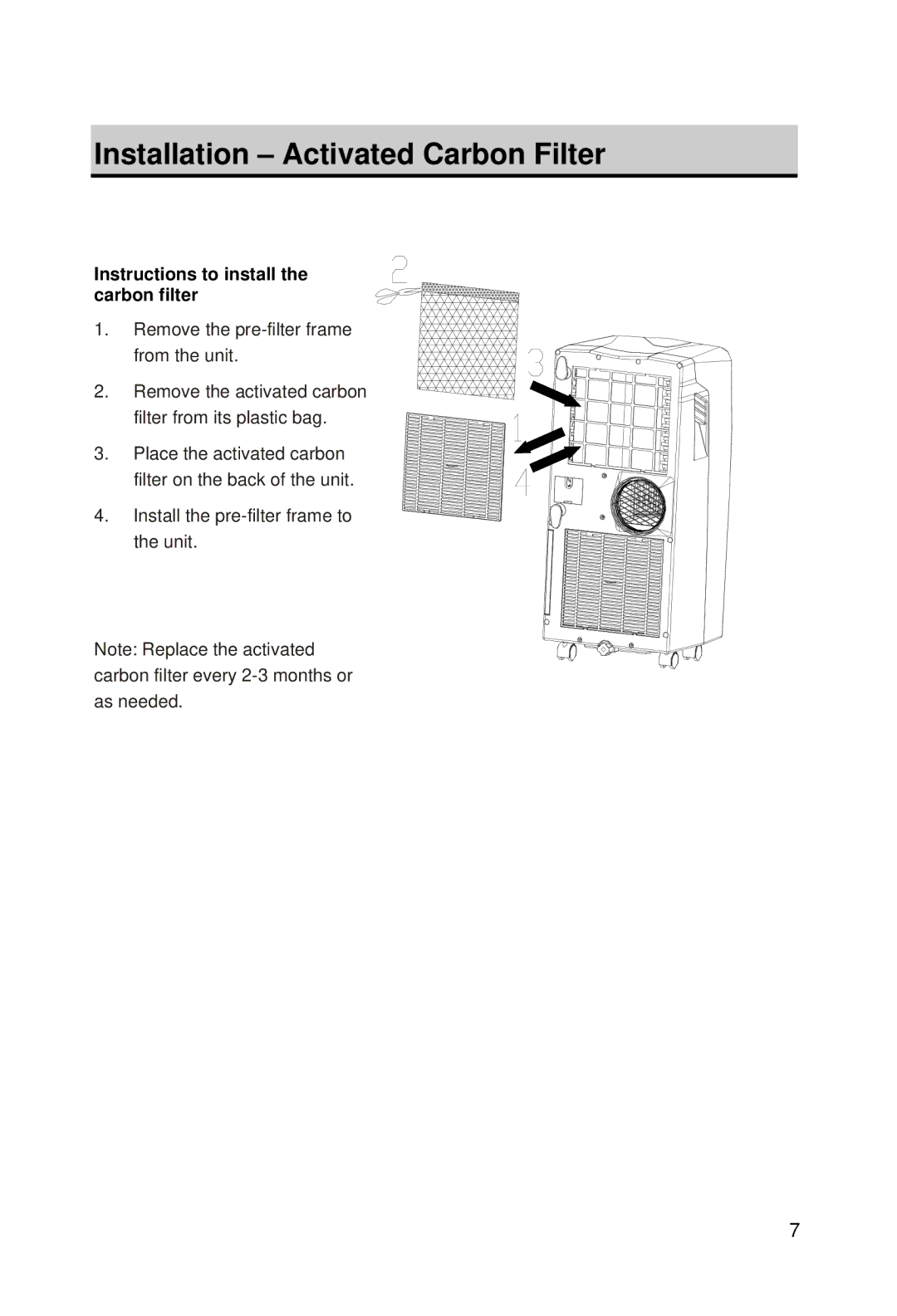 EdgeStar AP10000HW owner manual Installation Activated Carbon Filter, Instructions to install the carbon filter 