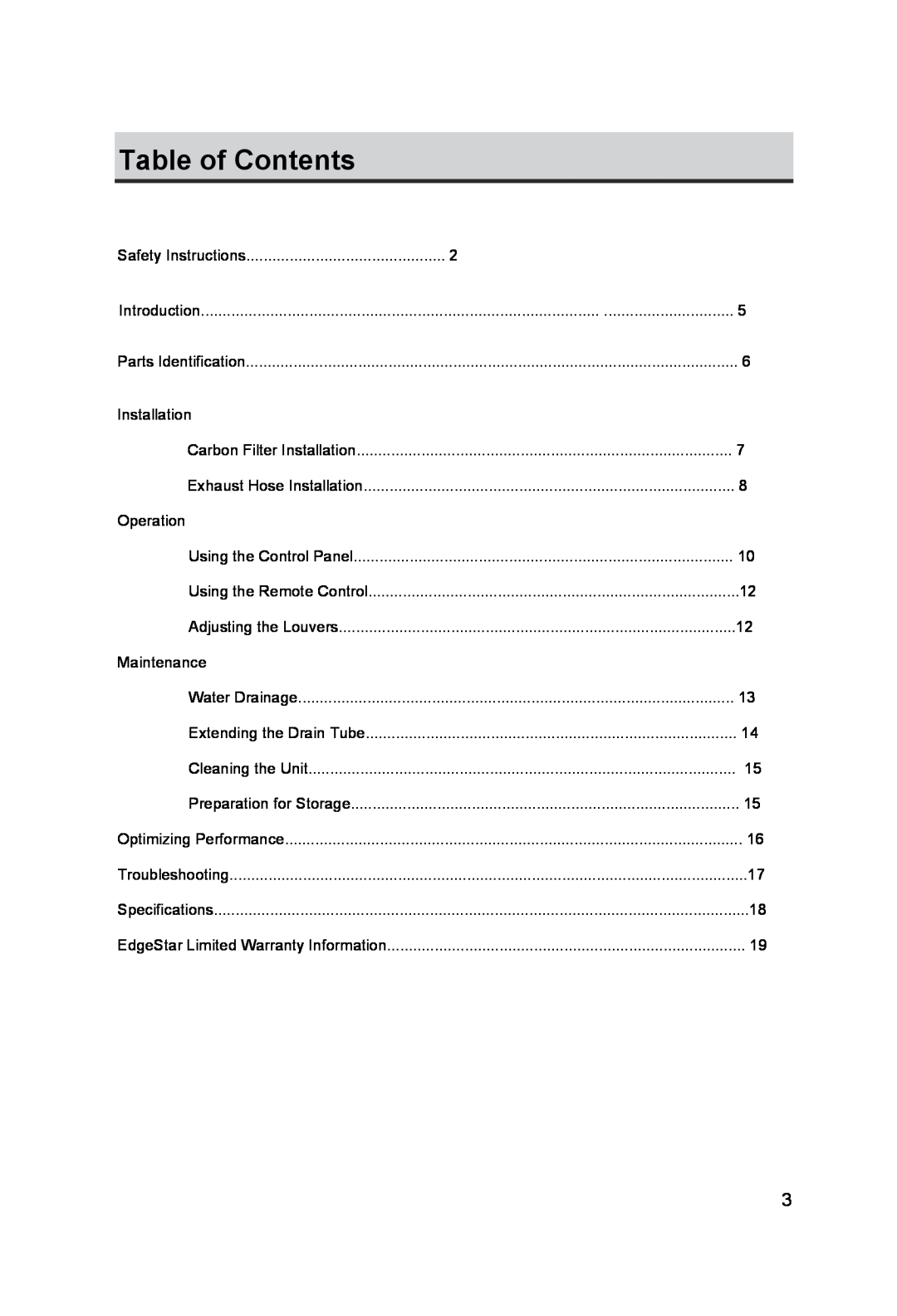 EdgeStar AP10000HW owner manual Table of Contents 