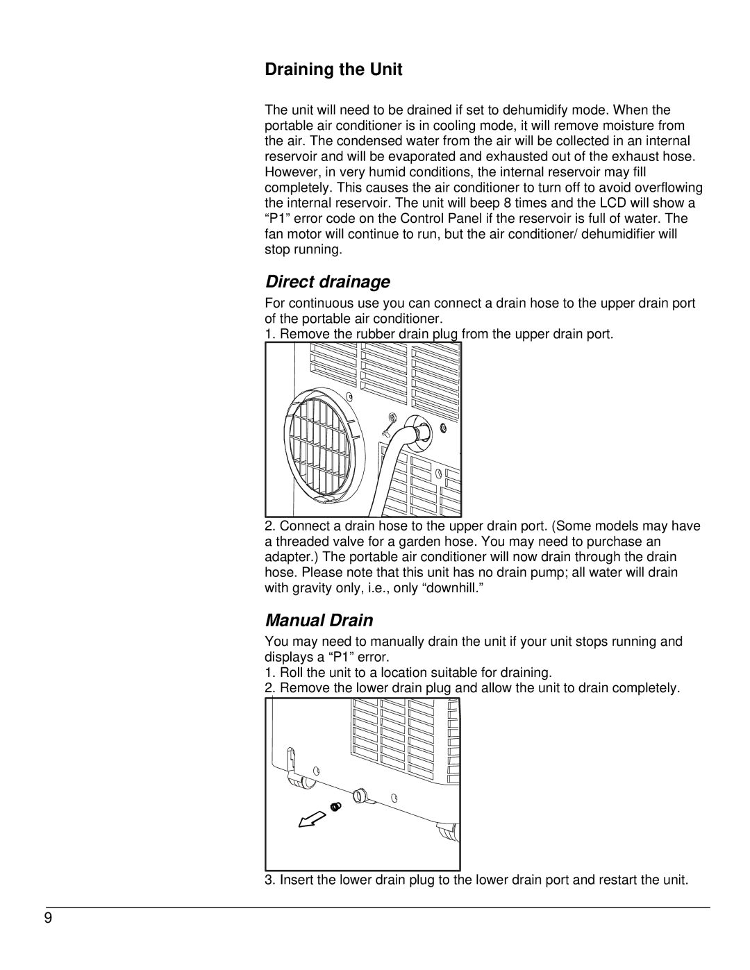 EdgeStar AP10001B owner manual Draining the Unit, Direct drainage, Manual Drain 