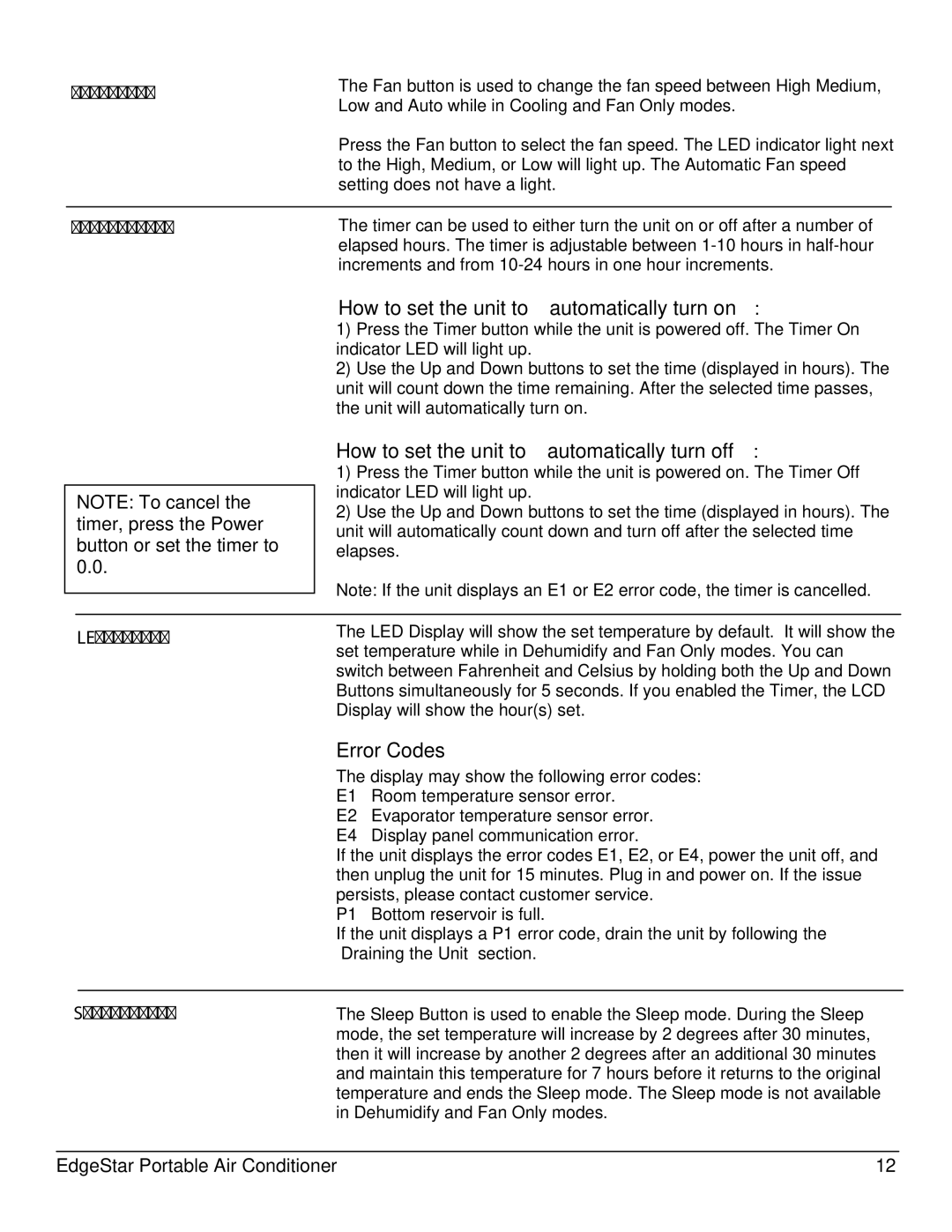 EdgeStar AP10001B owner manual Fan Button, Timer Button, LED Display, Sleep Button 