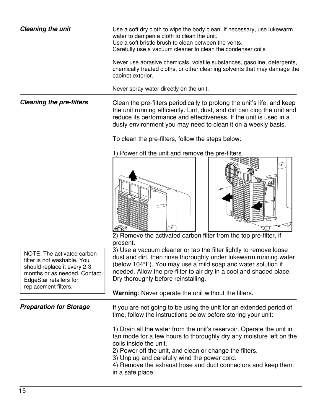 EdgeStar AP10001B owner manual Cleaning the unit, Cleaning the pre-filters, Preparation for Storage 