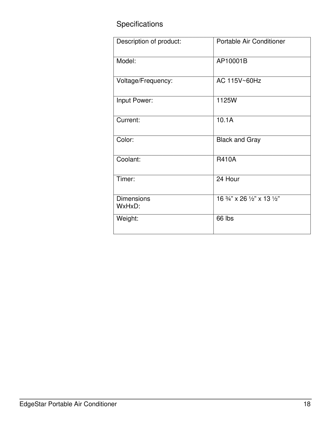 EdgeStar AP10001B owner manual Specifications 