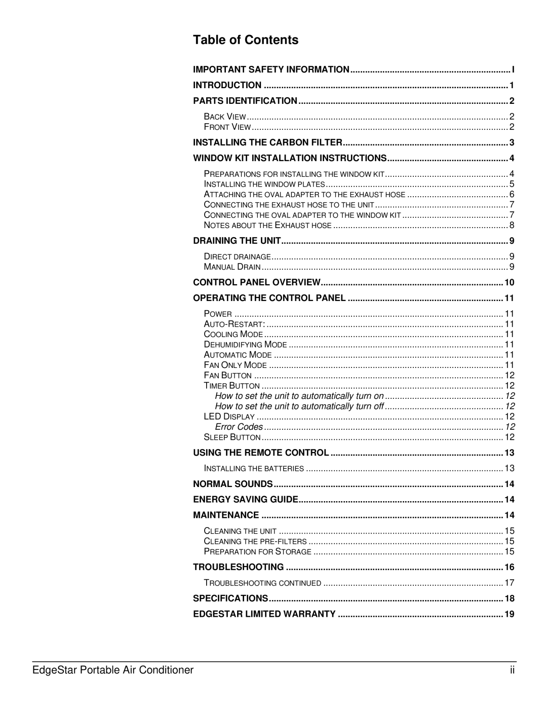 EdgeStar AP10001B owner manual Table of Contents 