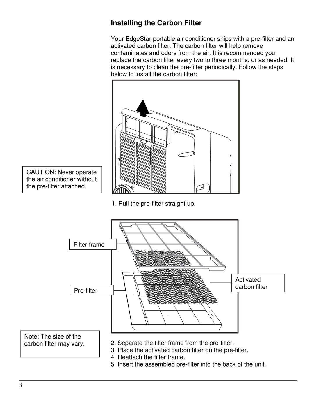 EdgeStar AP10001B owner manual Installing the Carbon Filter 