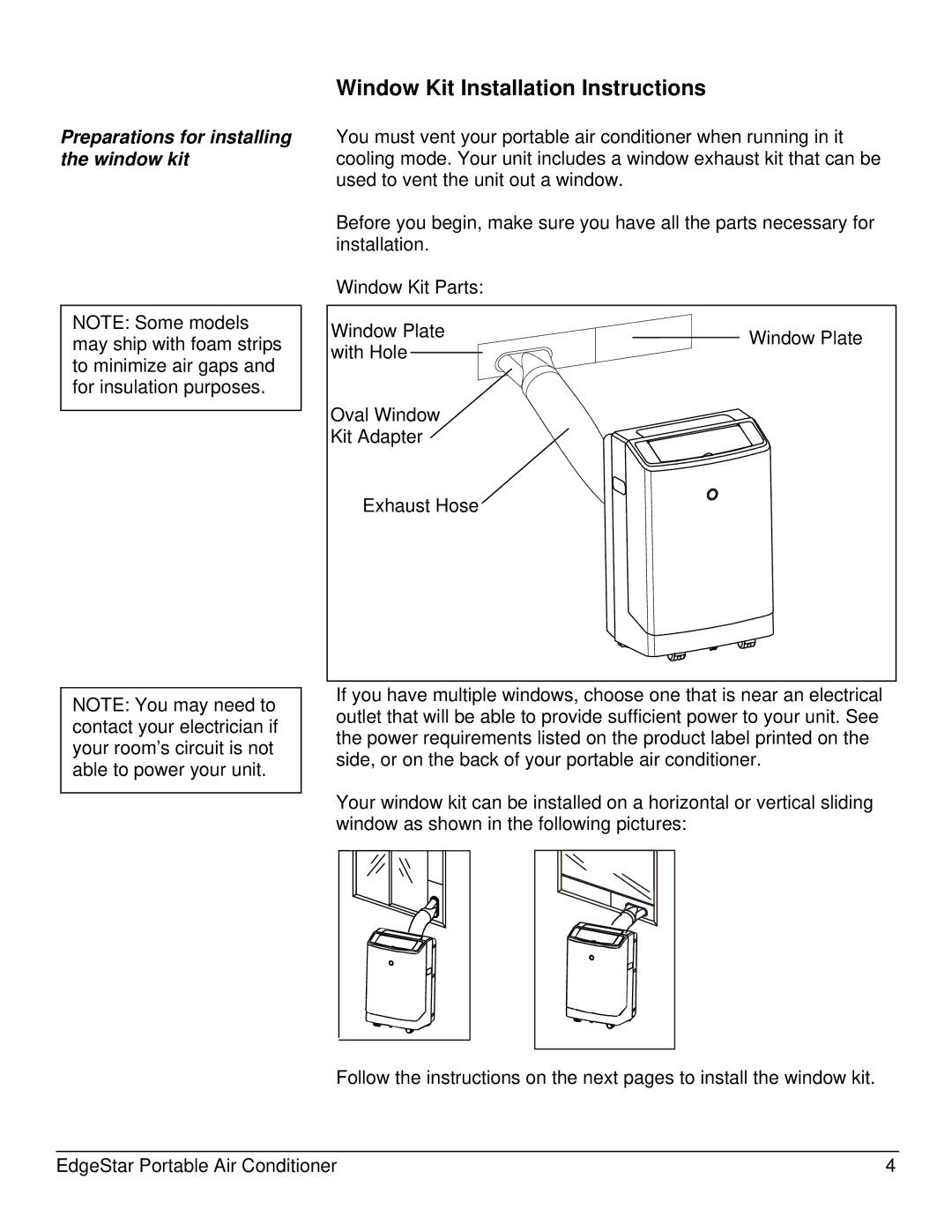 EdgeStar AP10001B owner manual Window Kit Installation Instructions, Preparations for installing the window kit 