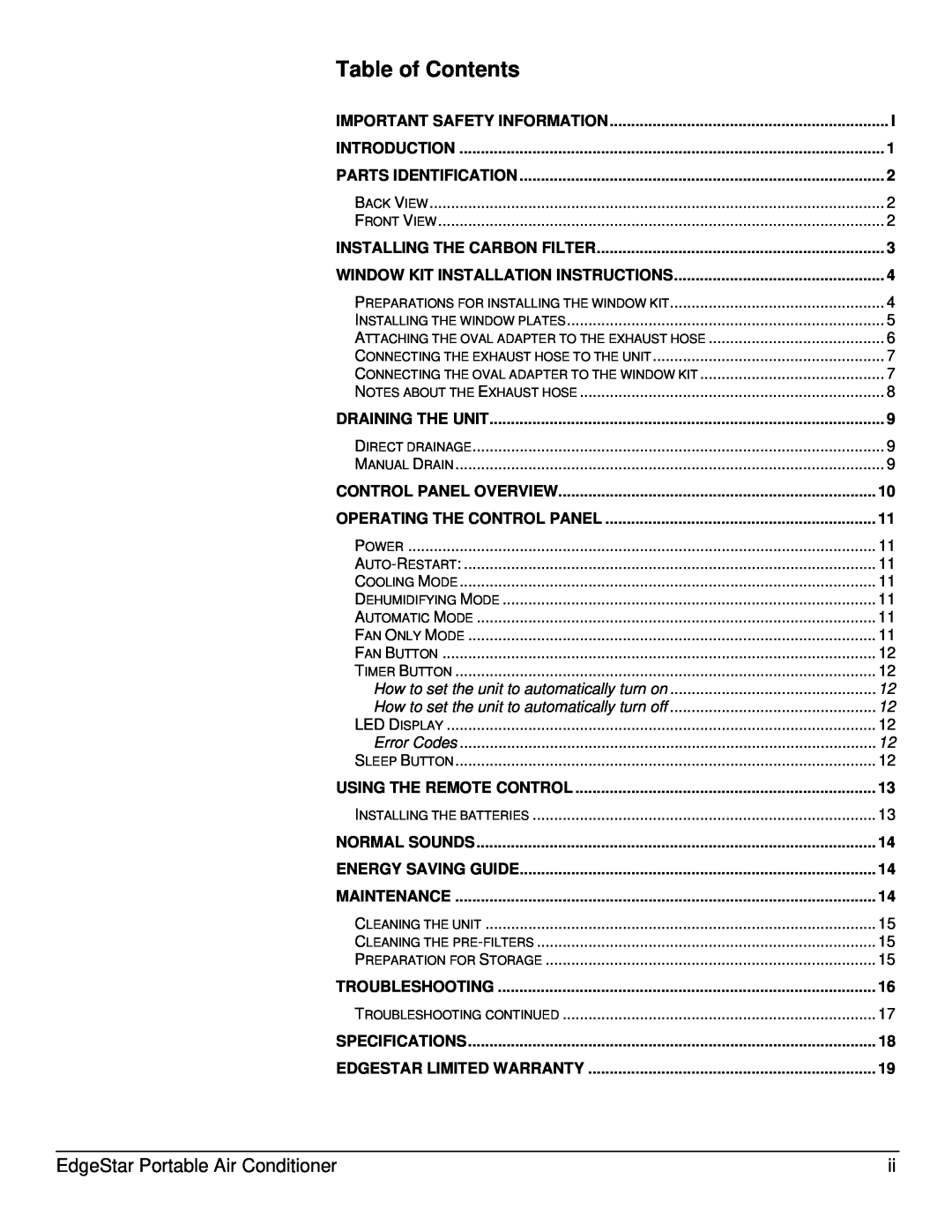 EdgeStar AP10001B owner manual Table of Contents, EdgeStar Portable Air Conditioner 