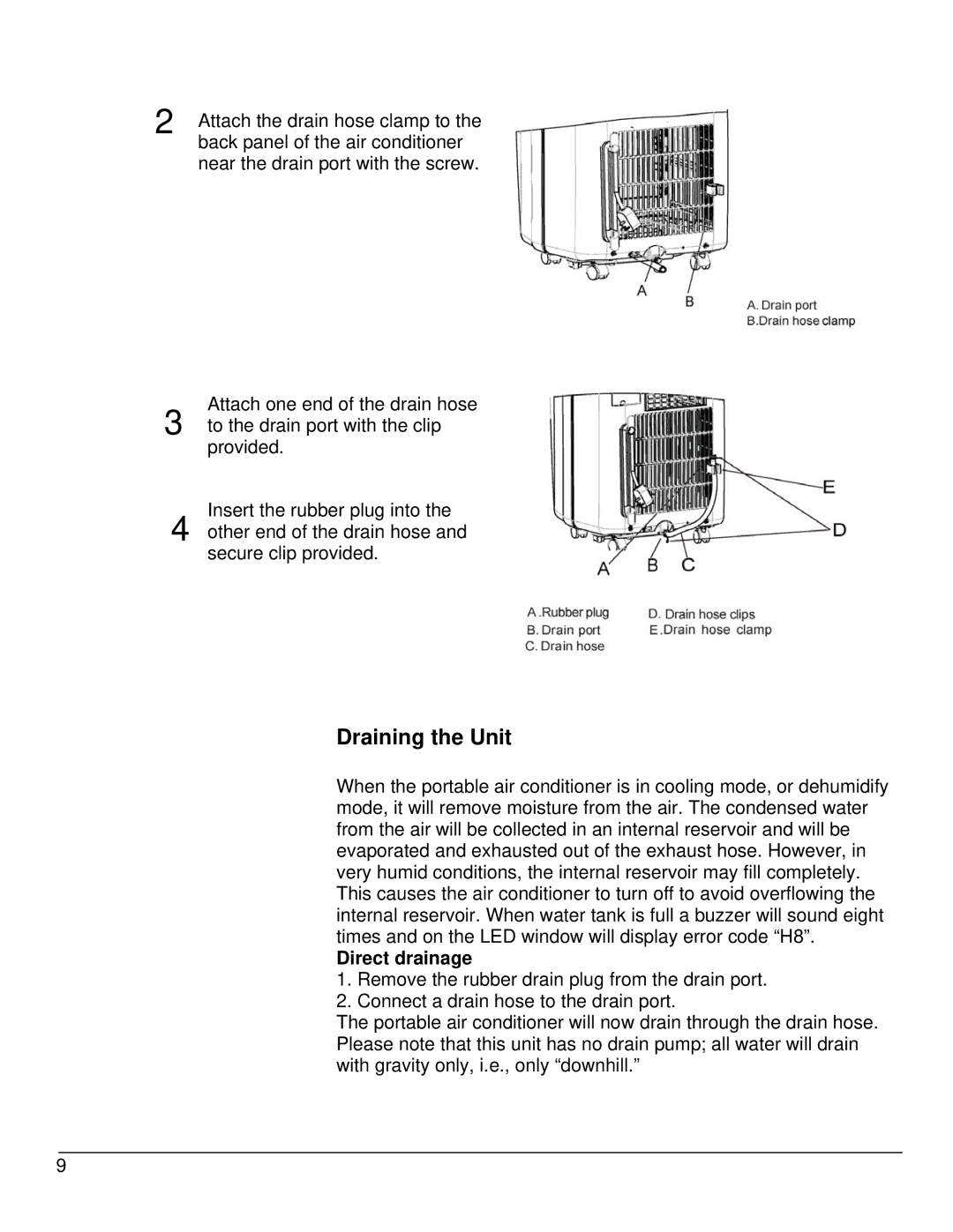 EdgeStar AP10002BL owner manual Draining the Unit, Direct drainage 