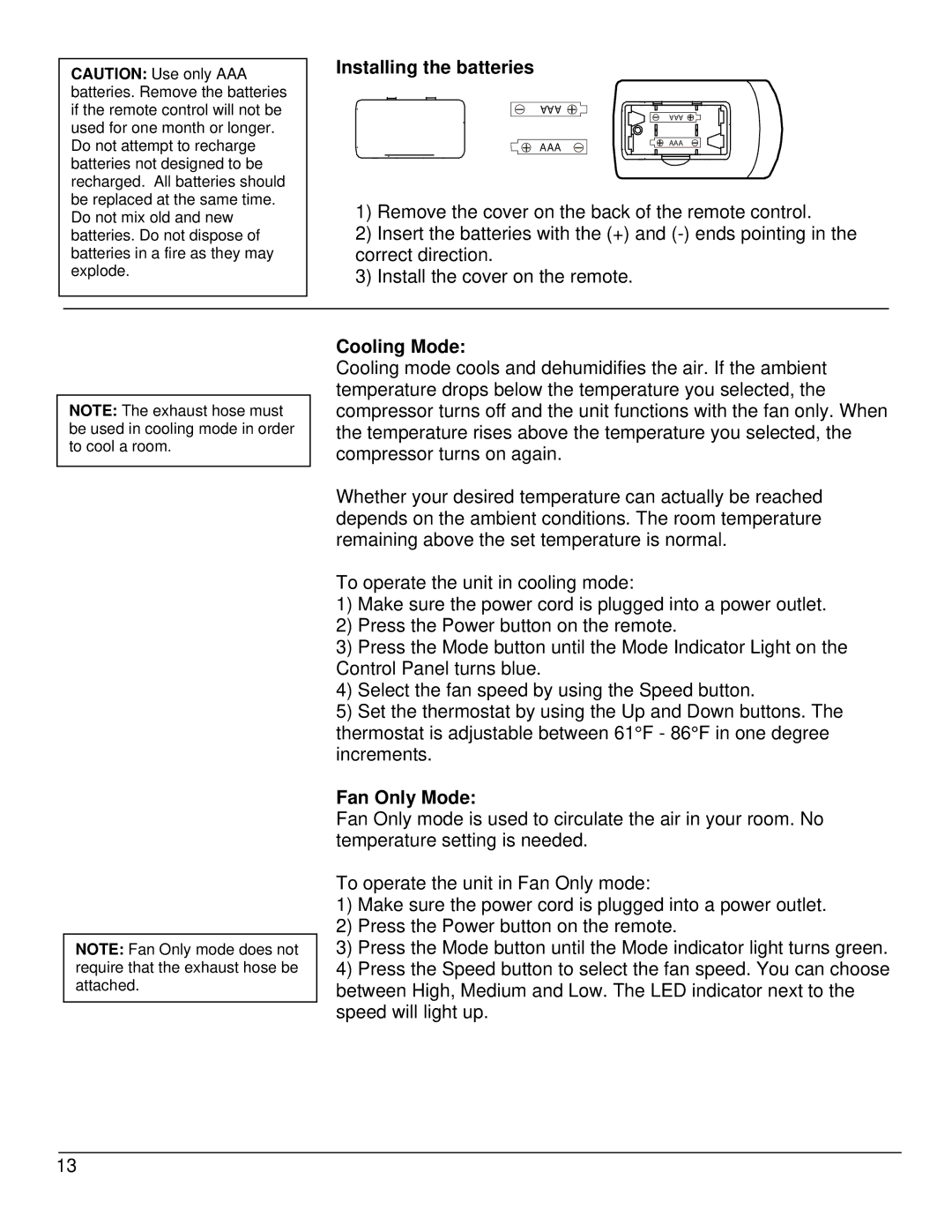 EdgeStar AP10002BL owner manual Installing the batteries, Cooling Mode, Fan Only Mode 