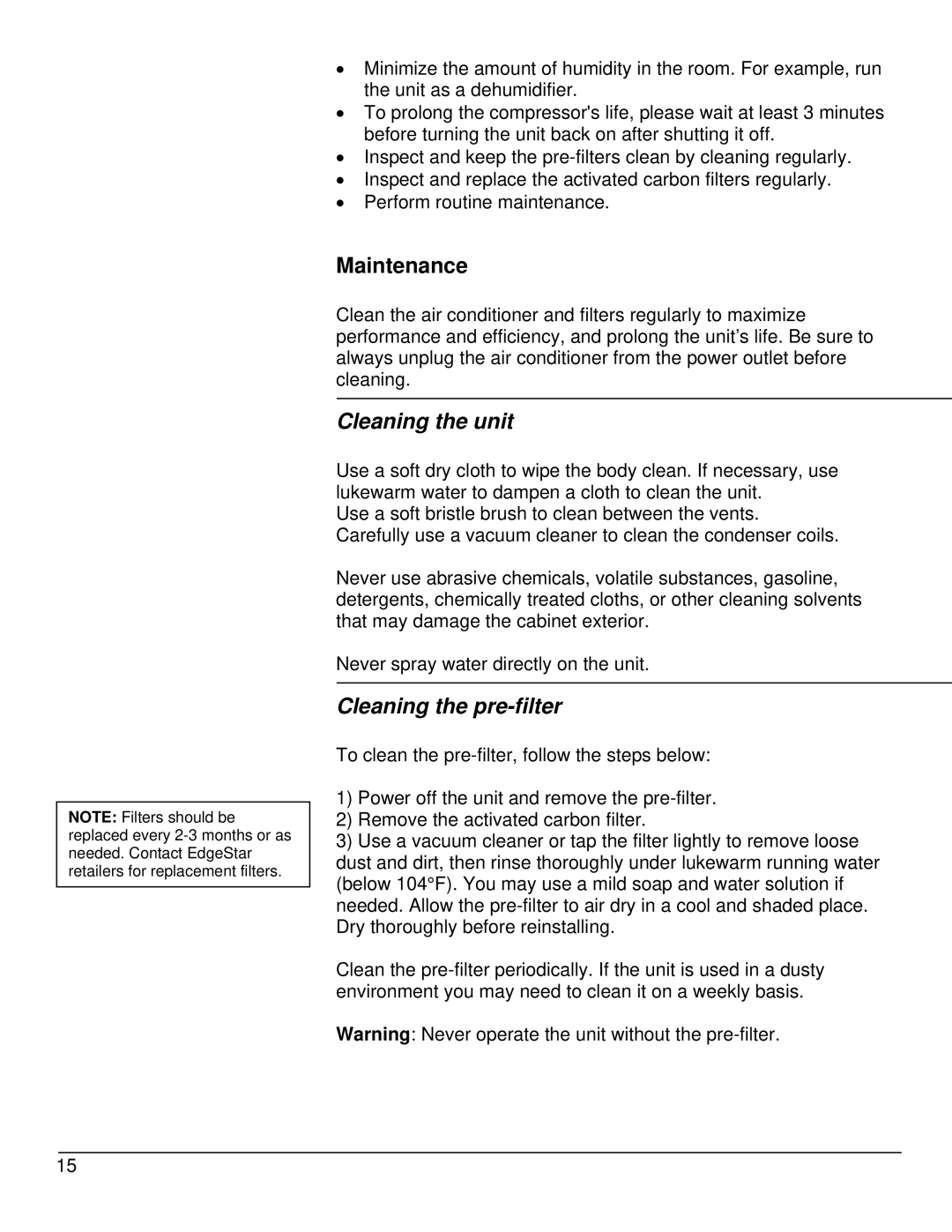 EdgeStar AP10002BL owner manual Maintenance, Cleaning the unit, Cleaning the pre-filter 