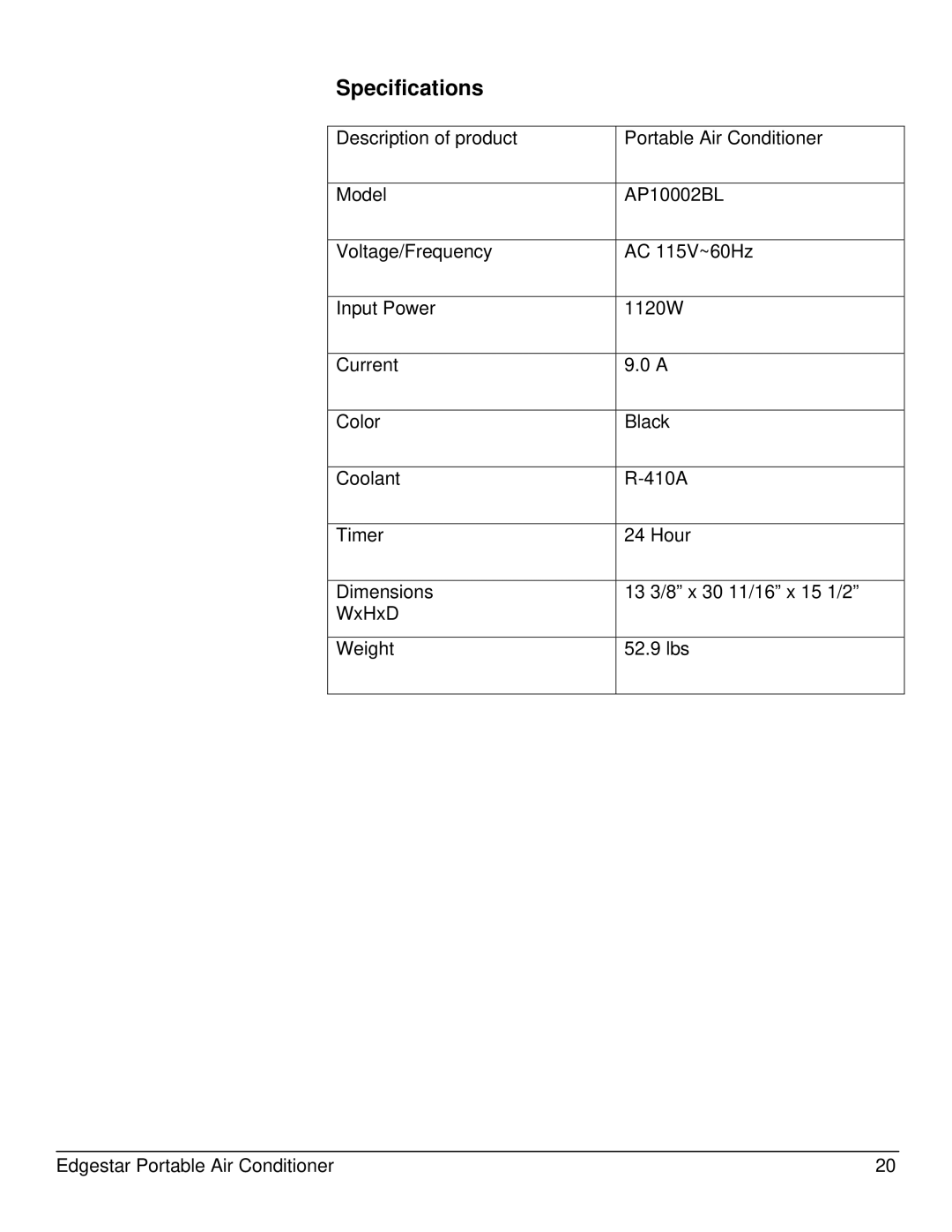 EdgeStar AP10002BL owner manual Specifications 