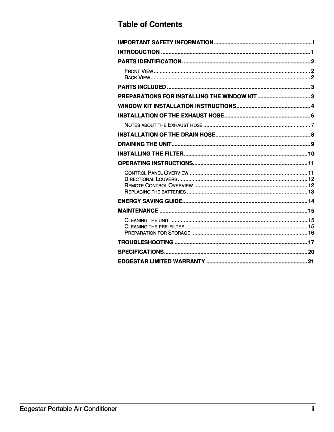 EdgeStar AP10002BL owner manual Table of Contents, Edgestar Portable Air Conditioner 
